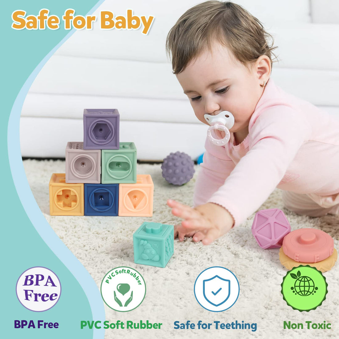 24-Piece Baby Stacking Blocks & Sensory Toy Set – Montessori Educational Toys with Soft BPA-Free Blocks, Cups & Dino Rattles for Infants and Toddlers (6M+)ndoor, Sandbox Play for Infants & Toddlers (6M+)